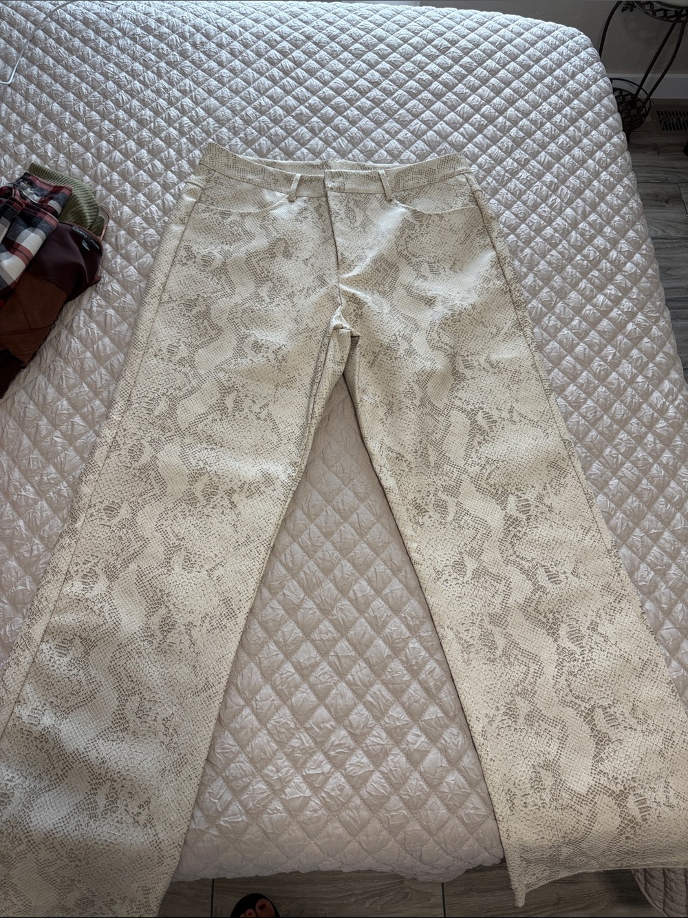Beige Snake-Print Wide Leg Jeans